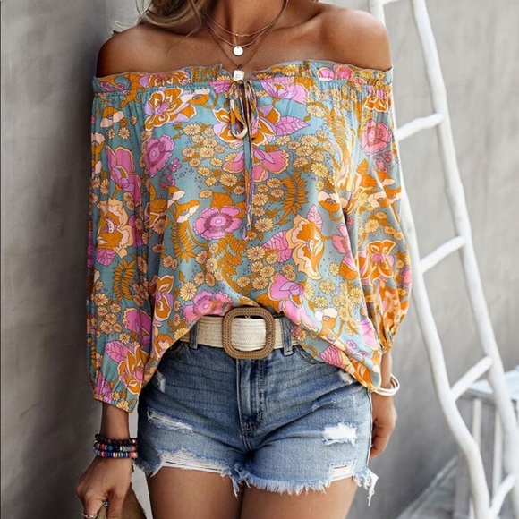 Boho Floral Print off Shoulder Top Blouse - Picture 2 of 4